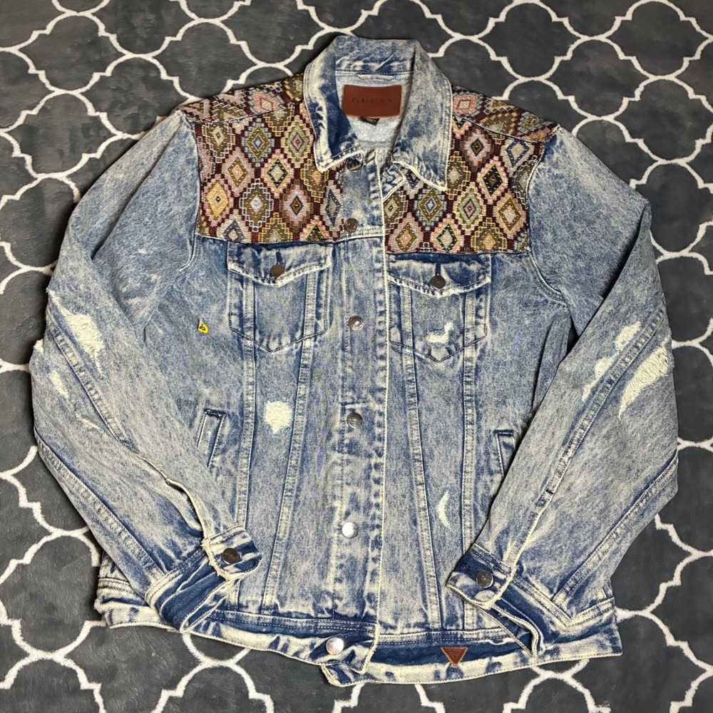 Guess Los Angeles Acid Wash Denim Jacket Large Southwestern Tapestry Distressed